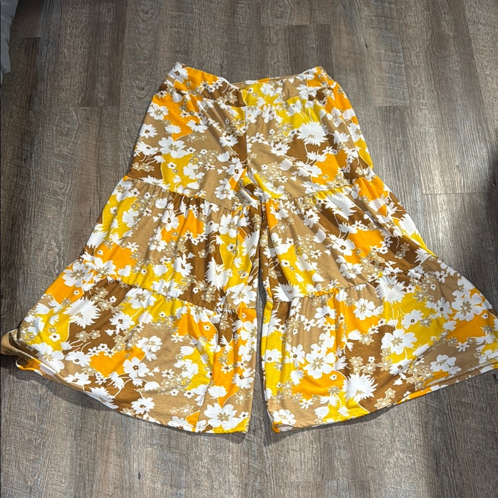 Cato Women's Wide Leg Pants in Yellow and Brown Floral